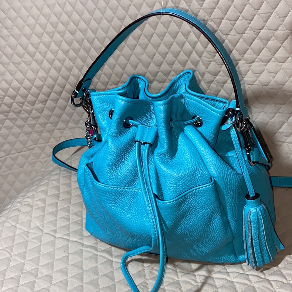 Coach Avery Drawstring Teal Turquoise Blue Super Soft. 2 Straps.